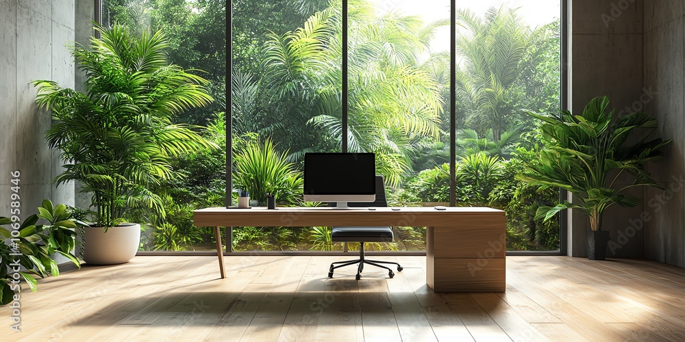 Aufkleber a modern office desk with a computer monitor and a view of a lush tropical garden outside a large wi