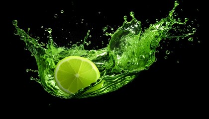 A lime slice splashes into vibrant green liquid against a black background.