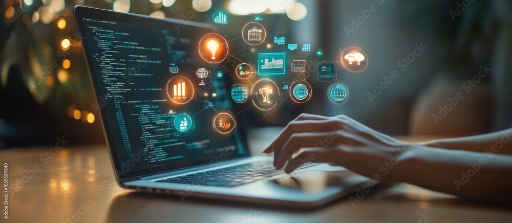 Poster person using a laptop computer with glowing icons appearing around it.