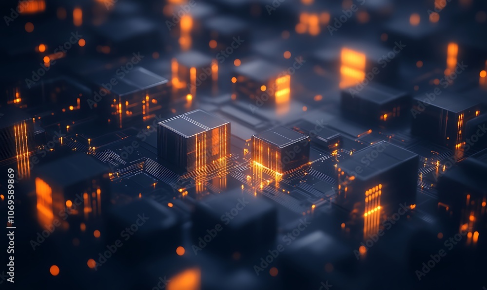 Poster a digital landscape featuring glowing circuitry with interconnected blocks, emphasizing technology a