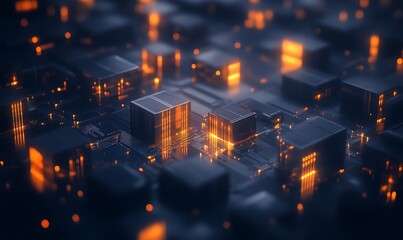 Fototapeta premium A digital landscape featuring glowing circuitry with interconnected blocks, emphasizing technology and innovation.