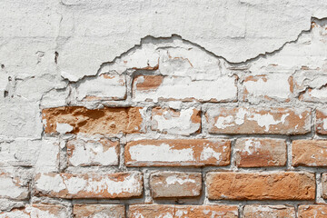 White shabby grungy brick wall. Free space for an inscription. Can be used as a background or poster. Fragment of a red brick wall with bumps and textured plaster.	
