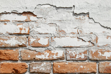 White shabby grungy brick wall. Free space for an inscription. Can be used as a background or poster. Fragment of a red brick wall with bumps and textured plaster.	

