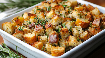 Stuffing made with roasted vegetables and herbs for a unique Thanksgiving side.