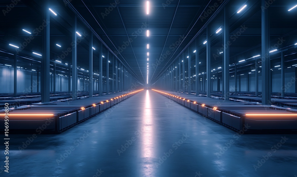 Poster a modern, spacious warehouse illuminated with blue lights, featuring long aisles and futuristic desi