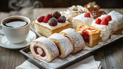 Fruit roll cake and coffee