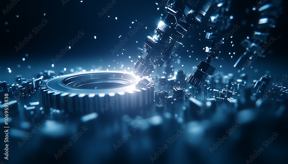 Poster a close-up of a metallic gear surrounded by scattered, glimmering particles, reflecting light in a d