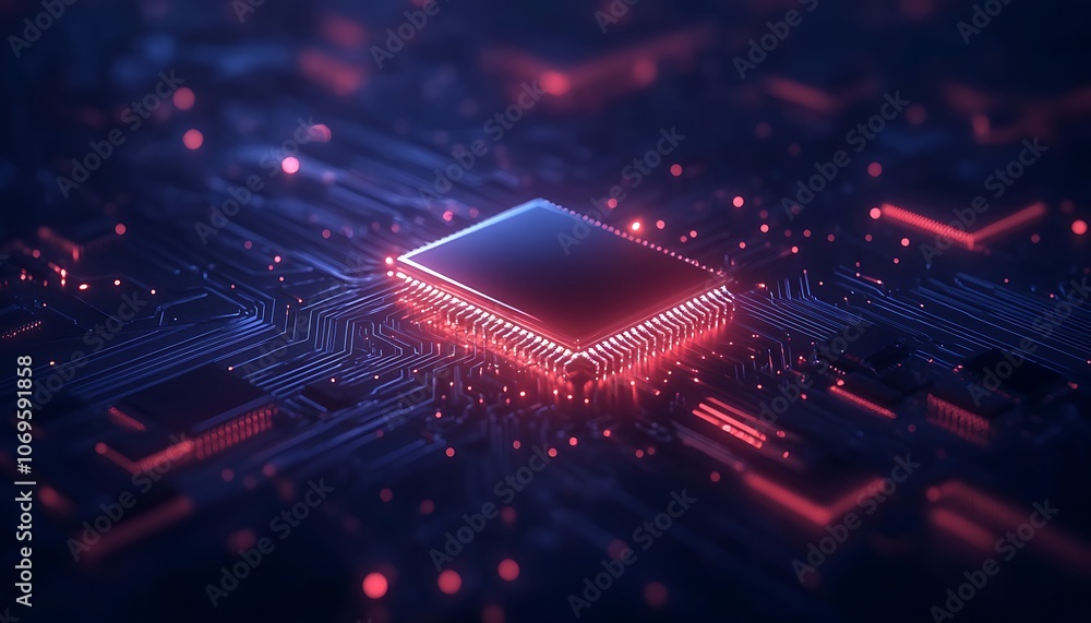 Poster a glowing computer chip amidst a digital landscape illuminated by vibrant lights, showcasing advance