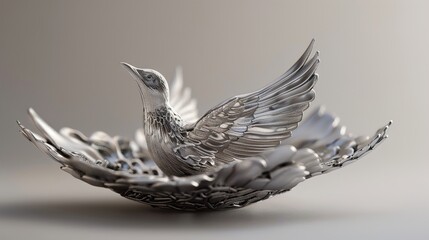 Obraz premium Silver Bird Sculpture with Ornate Wings - Contemporary Art