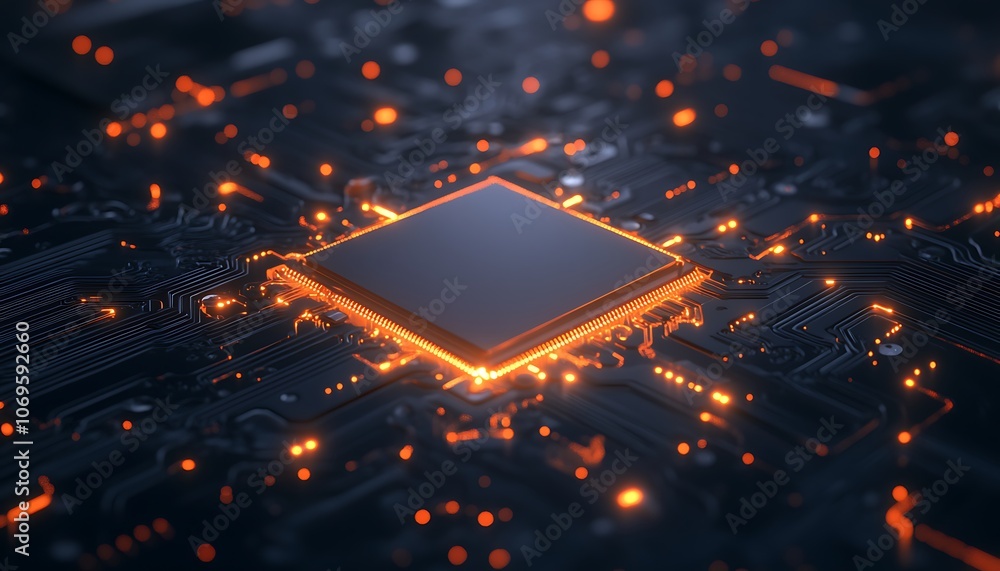 Leinwandbilder a glowing microchip surrounded by circuits and lights, illustrating advanced technology and electron