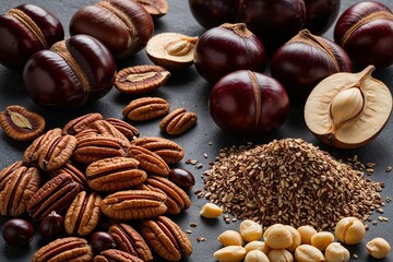 Fototapeta premium Sophisticated Showcase of Chestnuts, Pecans, and Butternuts: A Nut and Seed Compilation