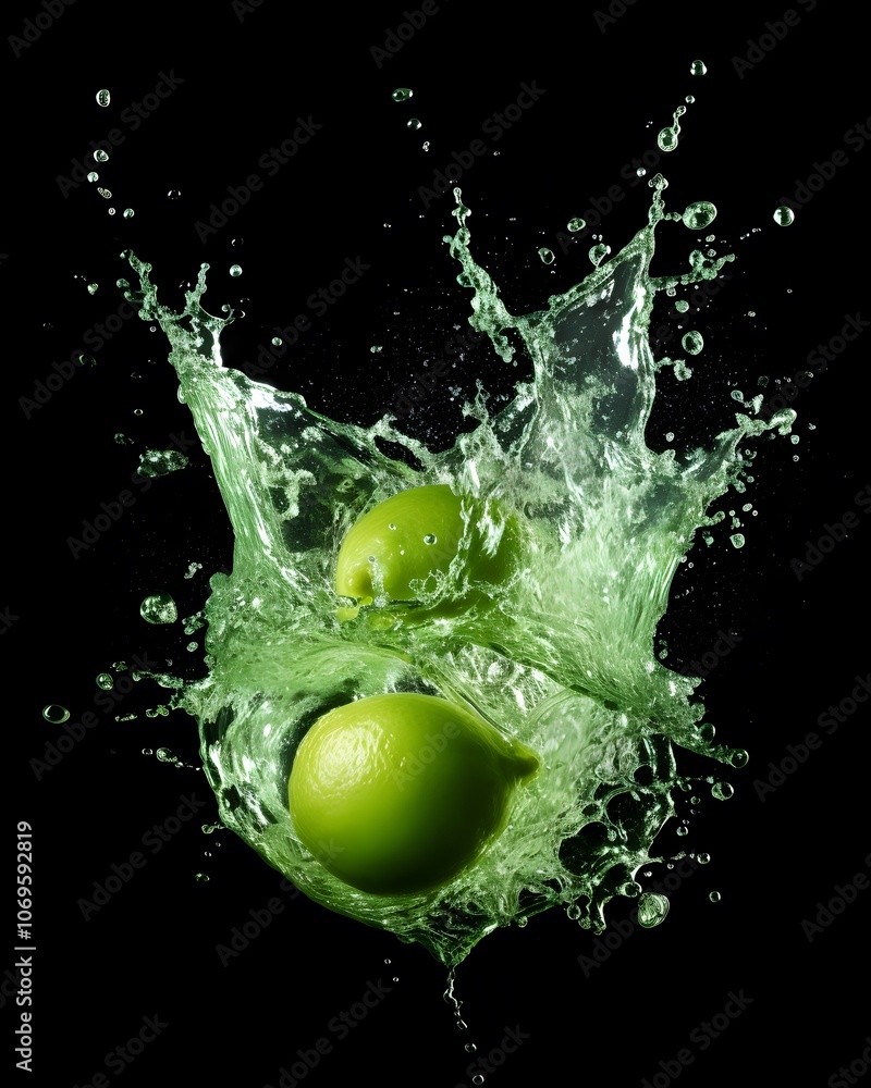 Poster splashing green limes create a vibrant, refreshing visual against a dark background.