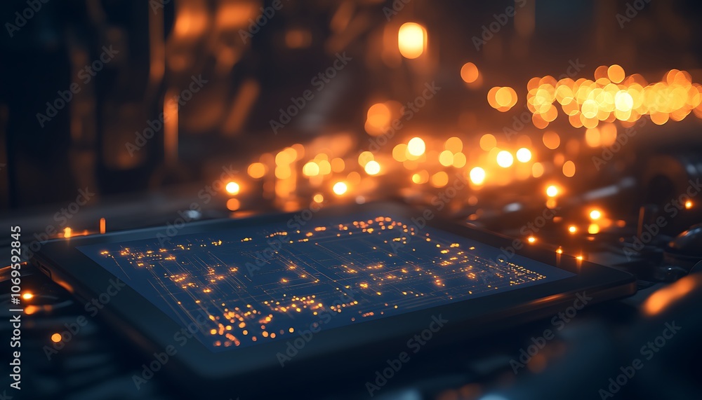 Poster A glowing circuit board with vibrant lights and sparks, creating a captivating technological scene.