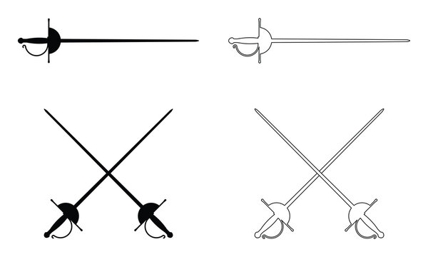 Fencing sword vector icon set. Fencing sport logo solid design collection. Crossed rapiers swords or fencing duel pictogram. Black silhouette illustration.