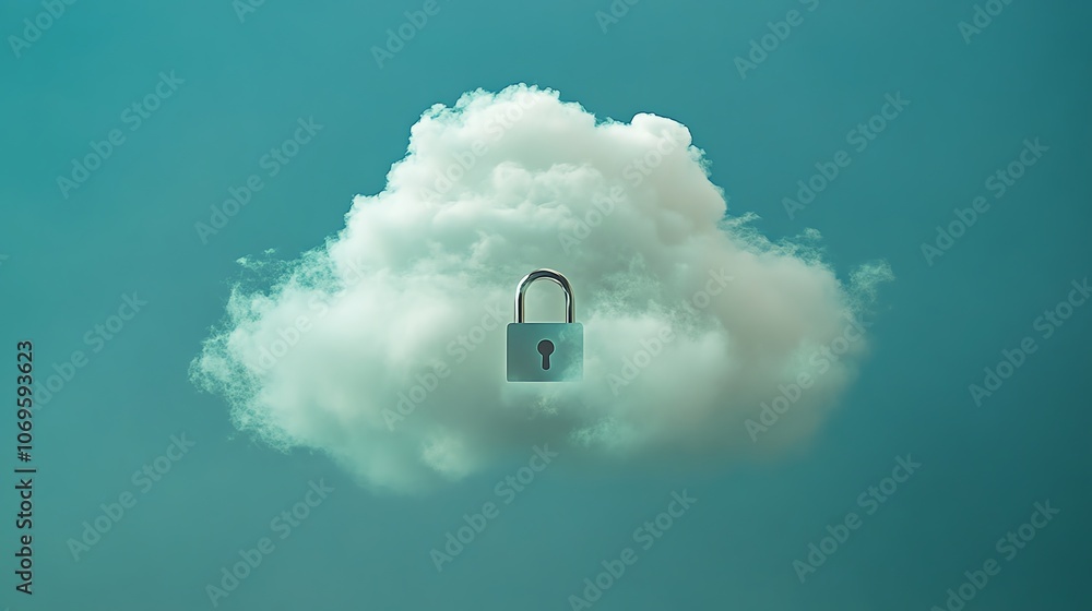 Poster a padlock is placed in a cloud against a blue sky, symbolizing cloud security.