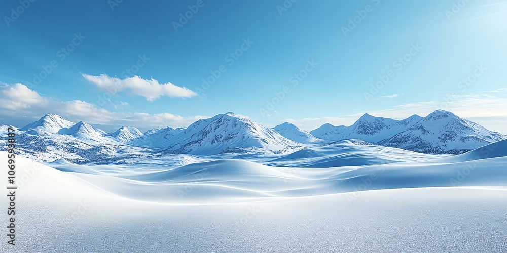 Poster a panoramic view of a snow-covered mountain range with a clear blue sky in the background. the snow 