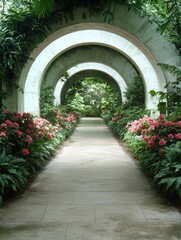 Fototapeta premium Lush tropical garden walkway with arched entrance