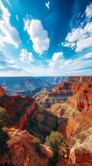 A panoramic view of the Grand Canyon, a natural wonder with deep canyons and layered rock formations, under a bright blue sky with puffy clouds.