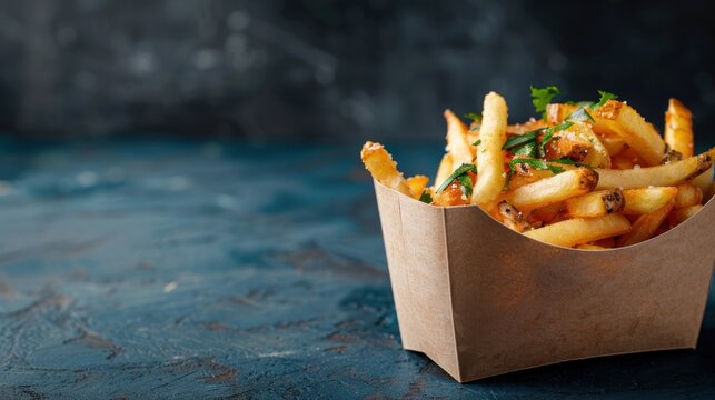 Delicious French fries on a dark blue ceramic table with copy space, AI generated image