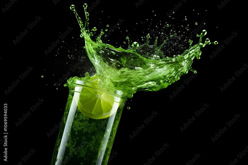 Poster a splash of green drink with a lime slice, showcasing refreshing beverage action.