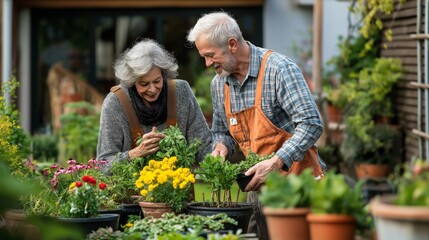 Elderly couple backyard planting flowers nurturing greenery retirement hobby. AI generated