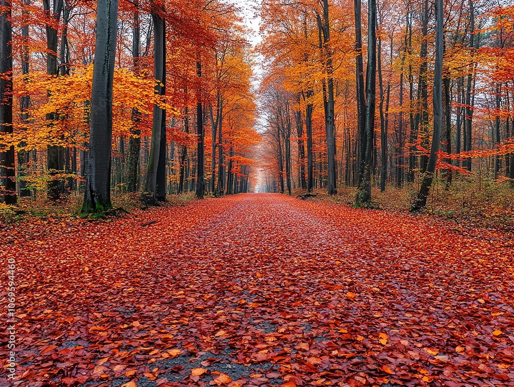 Poster a path through a forest in autumn with colorful leaves.