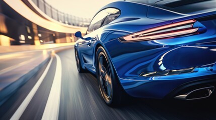 Rear view of a blue Business car at high speed in turns, AI generated image