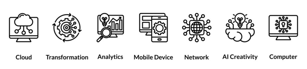 Digital Transformation line icon set. Cloud, Transformation, Analytics, Mobile Devices, Network, AI Creativity, Computer