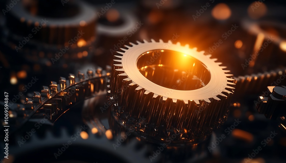 Fototapete A close-up view of intricate metallic gears, shining with golden hues, creating a dynamic mechanical ambiance.