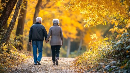 Obraz premium Elderly couple walking scenic trail autumn leaves serene environment love. AI generated