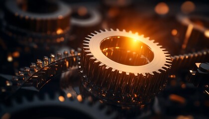 A close-up view of intricate metallic gears, shining with golden hues, creating a dynamic mechanical ambiance.