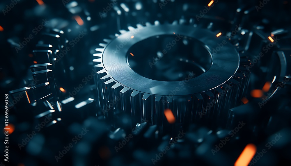 Poster a close-up view of a metallic gear surrounded by smaller metallic debris, illuminated by soft glowin