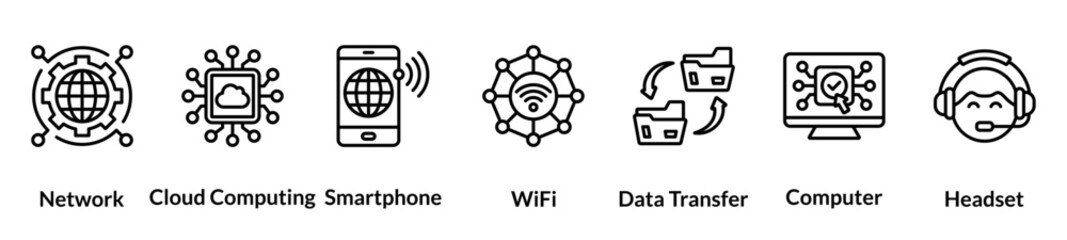 Information And Communication Technology line icon set. Network, Cloud Computing, Smartphone, Wifi, Data Transfer, Computer, Headset