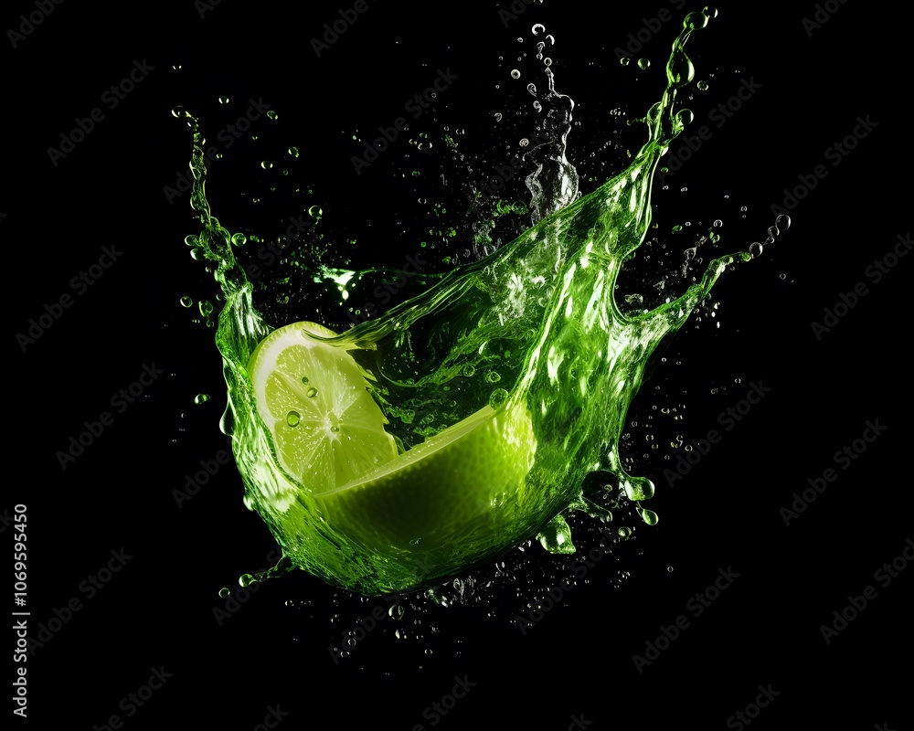 Poster a lime slice splashes into liquid, creating vibrant green droplets against a dark background.