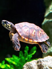 Obraz premium Vibrant turtle swimming in the dark waters