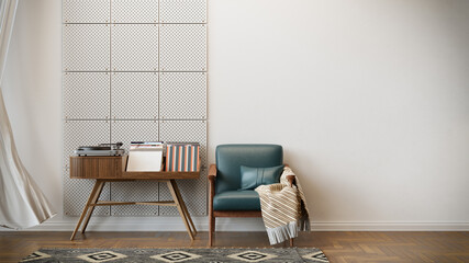 3D Rendering of Cozy Mid-Century Modern Interior with Concrete Wall..
