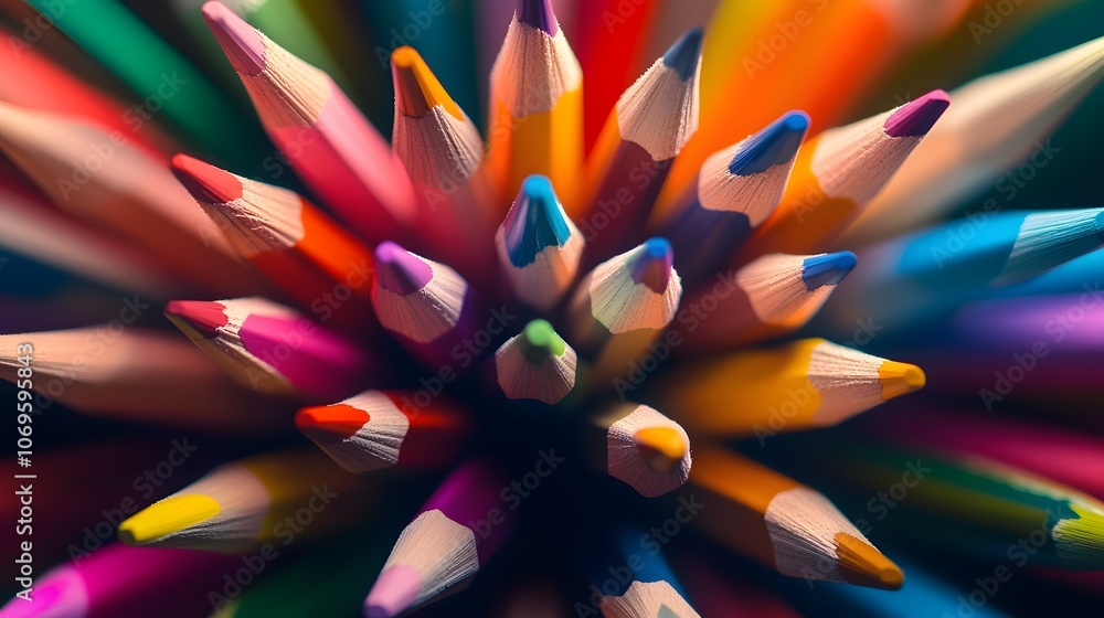 Poster a set of colored pencils floating in a fan-like arrangement, displaying vibrant tips in multiple hue
