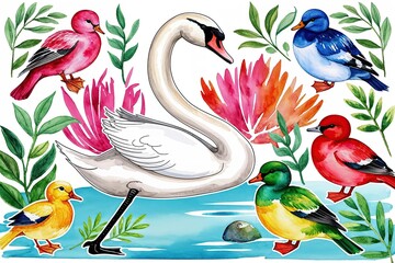 Elegant Swan and Colorful Watercolor Bird Art for Nature Enthusiasts and Designers