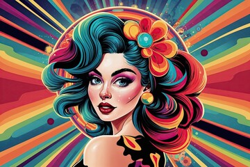 Naklejka premium Whimsical Woman in Abstract Retro Style Featuring Captivating Psychedelic Art and Innovative Illustrations