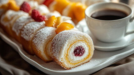 Fruit roll cake and coffee