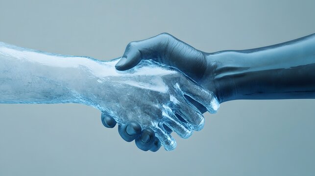 A symbolic handshake floating in blue and gray, representing agreement or partnership, 4k resolution, no background, no shadow