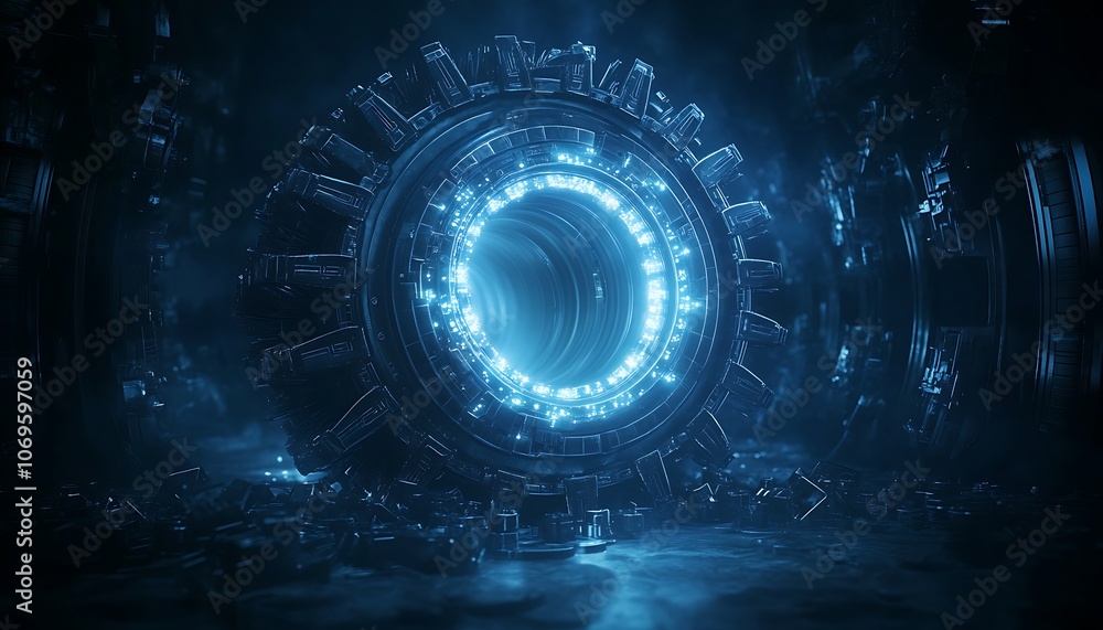 Poster a glowing, futuristic portal surrounded by metallic structures, emanating an ethereal blue light in 