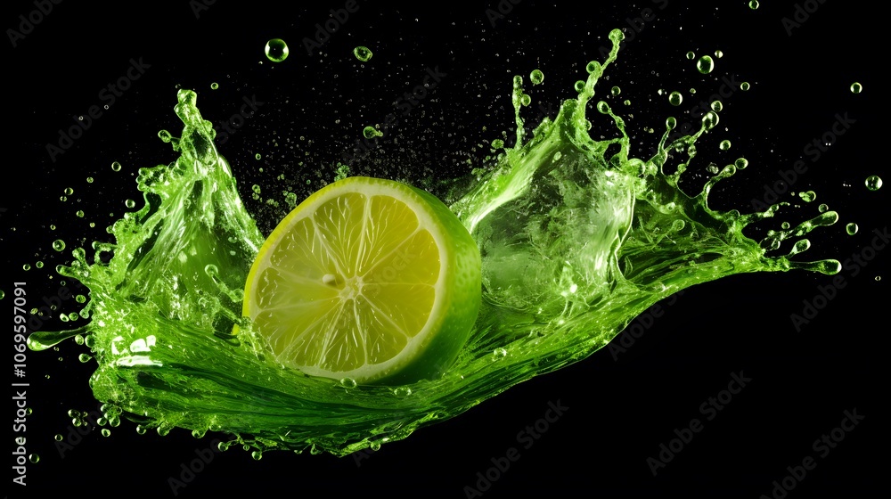 Poster a fresh lime slice splashes into vibrant green water, creating dynamic motion and energy.
