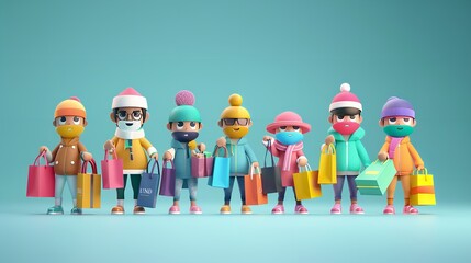 Fototapeta premium Cyber Monday banner with cartoon characters holding shopping bags