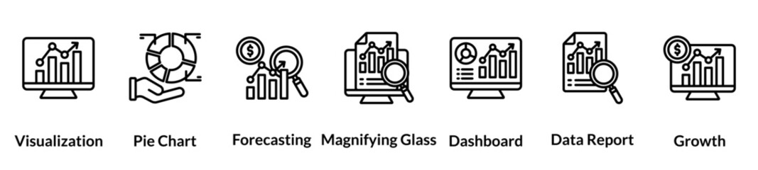 Analytics line icon set. Visualization, Pie Chart, Forecasting, Magnifying Glass, Dashboard, Data Report, Growth