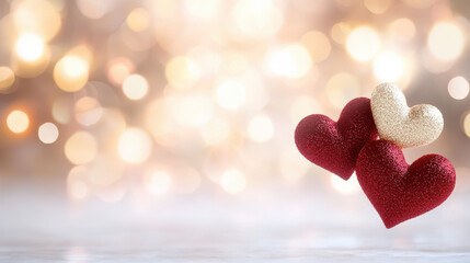 Fototapeta premium Three glittering hearts in red and gold against soft bokeh background, perfect for romantic themes and celebrations