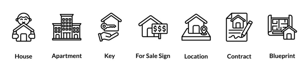 Real estate line icon set. House, Apartment, Key, For Sale Sign, Location, Contract, Blueprint
