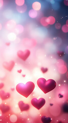 Colorful hearts floating in dreamy background create romantic atmosphere. Perfect for love themed projects