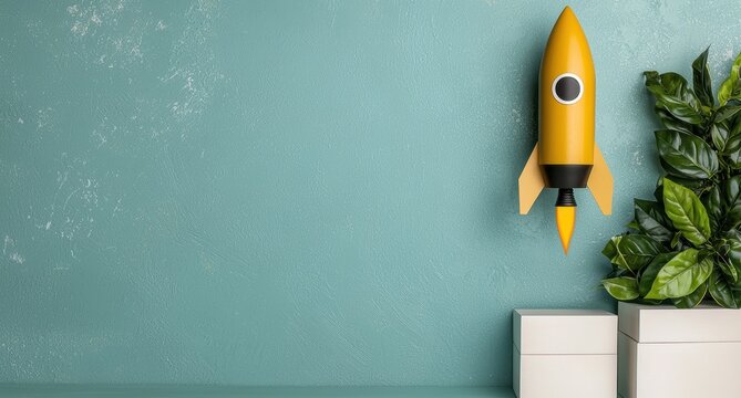 Rocket ship and plants on green background