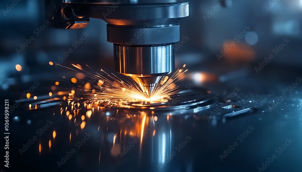 Poster A close-up view of a laser cutting machine in action, producing sparks as it interfaces with metal, showcasing precision engineering and advanced technology.